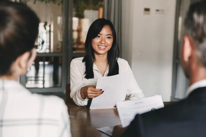 A woman in an interview